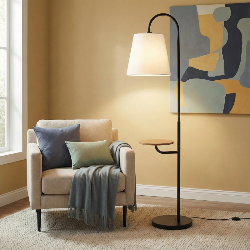 Black Floor Lamp with Rotary Switch, Wood Side Table and Metal Base