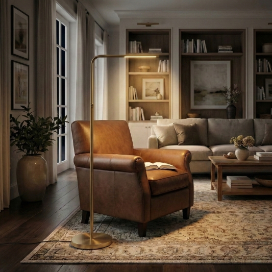 Brassed Gold Floor Lamp, Adjustable LED with On/Off Switch & Round Base